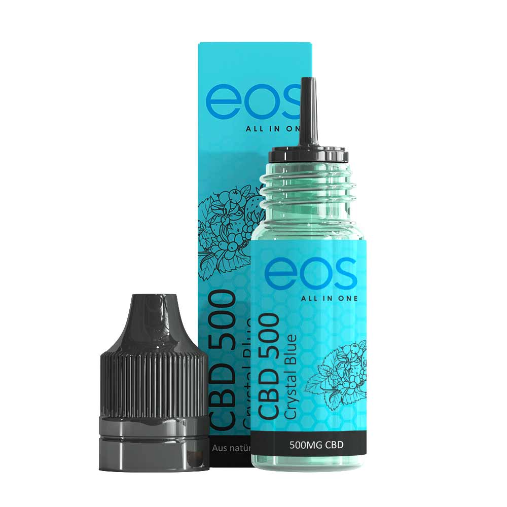 eos crystal blue 500mg cbd eLiquid Flasche offen